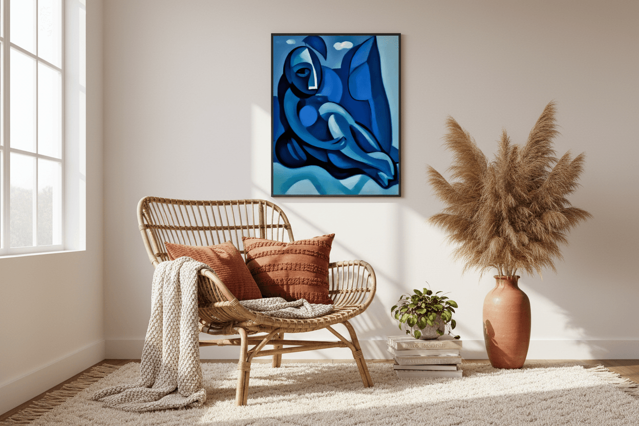 Abstract blue figure artwork in a dark frame, reclining figure with flowing blue shapes.