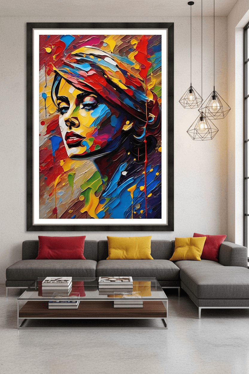 Framed abstract portrait canvas print of a woman with colorful expressionist face paint