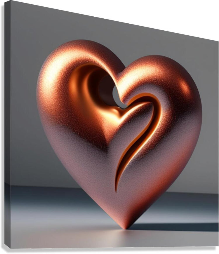 Copper rose gold sculptural heart wall art print on gray canvas panel