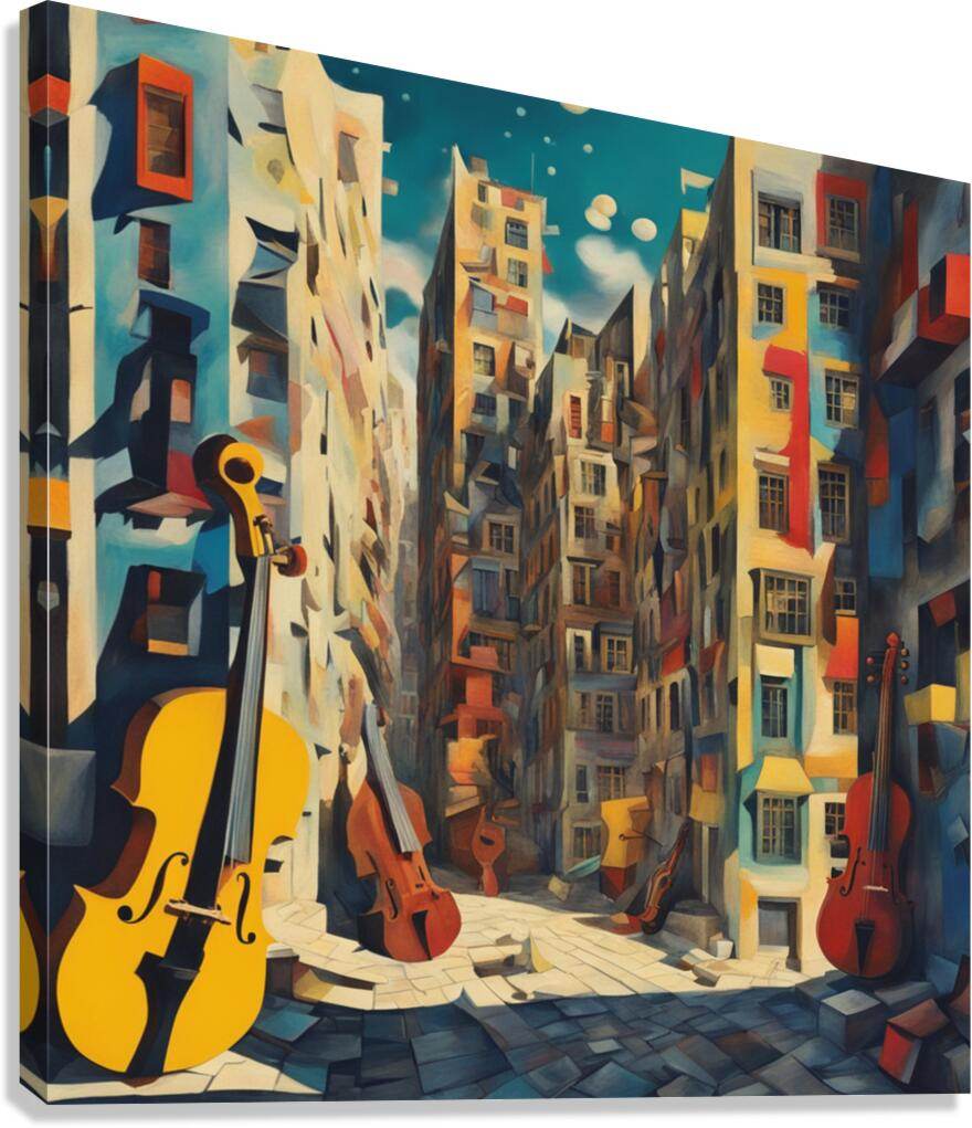 Colorful cityscape wall art canvas with yellow bass, red cellos, and tall buildings