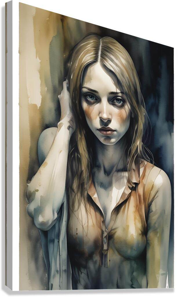 Framed watercolor portrait print of a blonde woman, hand near her hair, muted colors.