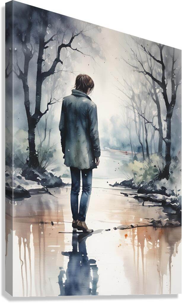 Framed canvas print of a person walking in a misty forest with water reflection.