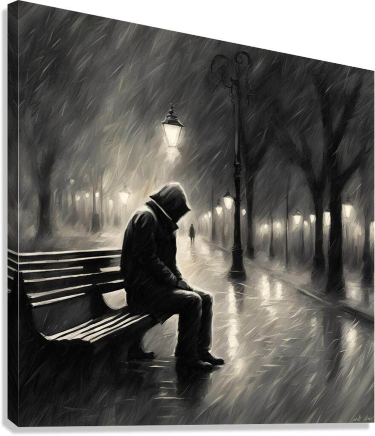 Monochrome canvas print of man sitting on park bench under streetlamps at night