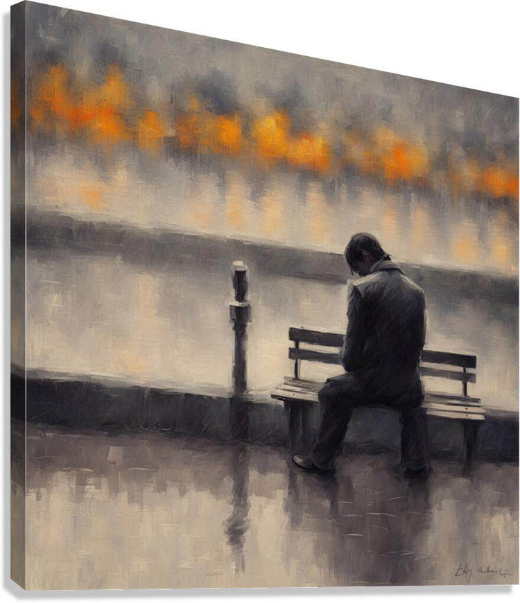 Contemporary wall art print of a man sitting on a bench by a reflective canal, orange glow