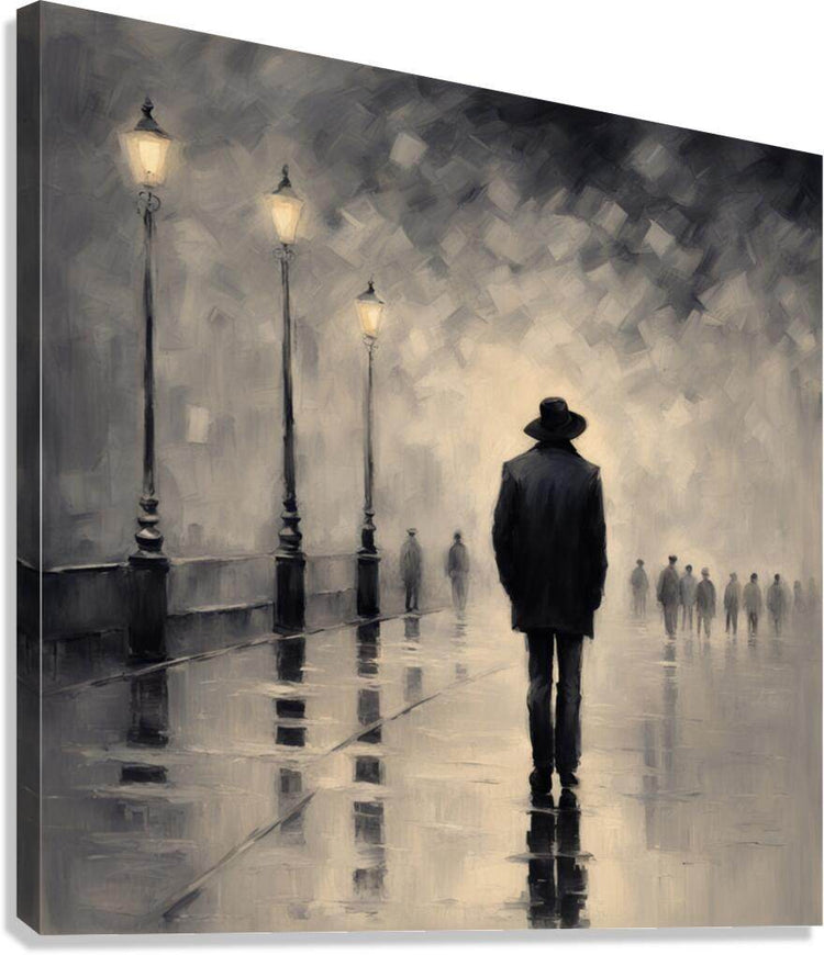 Canvas print: lone man in dark coat and fedora walking down rainy street with lampposts