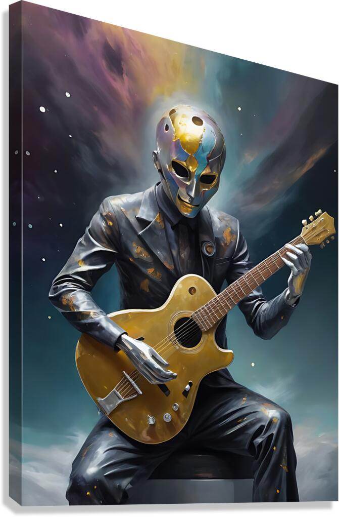 Masked guitarist wall art on canvas, holding a gold electric guitar against a cosmic backdrop.