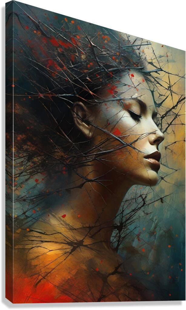 Surreal woman portrait stretched canvas with branches, dark teal, red, and yellow tones