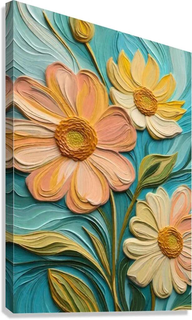 Stretched canvas floral relief art with raised peach and cream daisies on teal blue