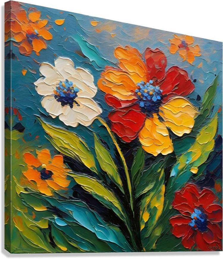 Impasto floral wall art with orange, red, yellow and white flowers on blue-green stems