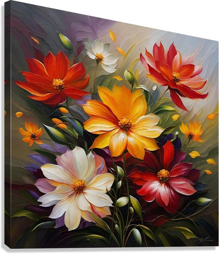 Stretched canvas floral wall art with red, orange, yellow, white flowers and green leaves.