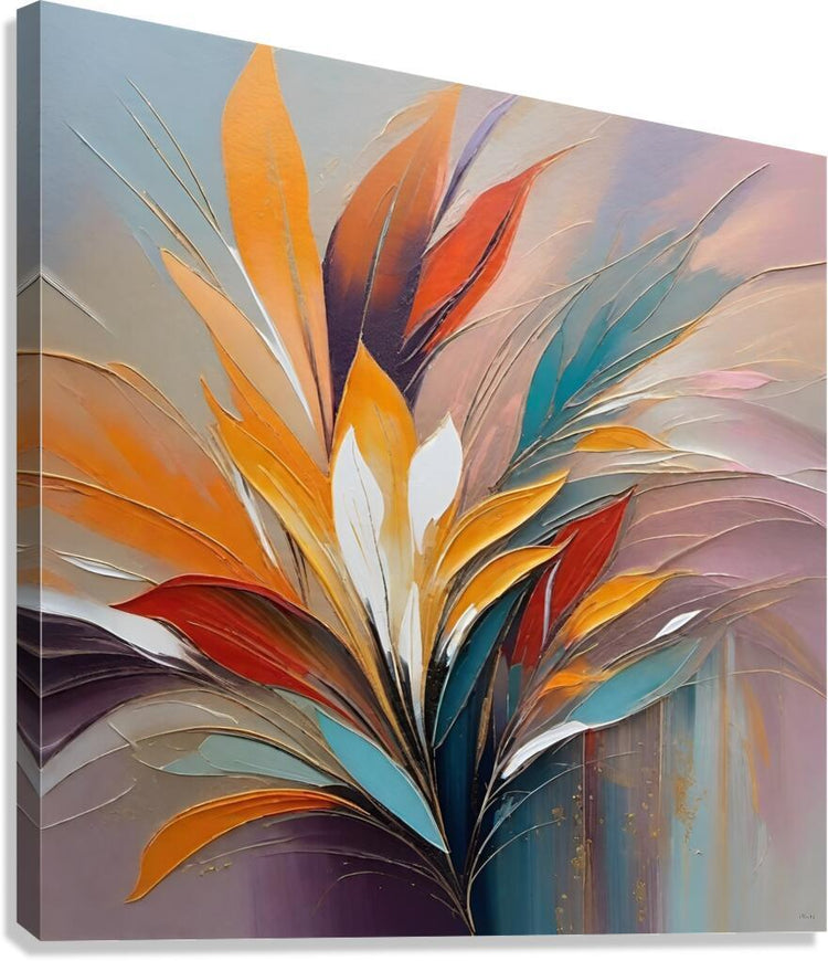 Abstract botanical wall art with orange, blue, and purple flowing feather-like leaves