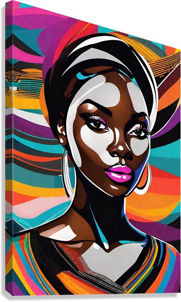 Colorful abstract woman portrait canvas print with bold geometric swirls