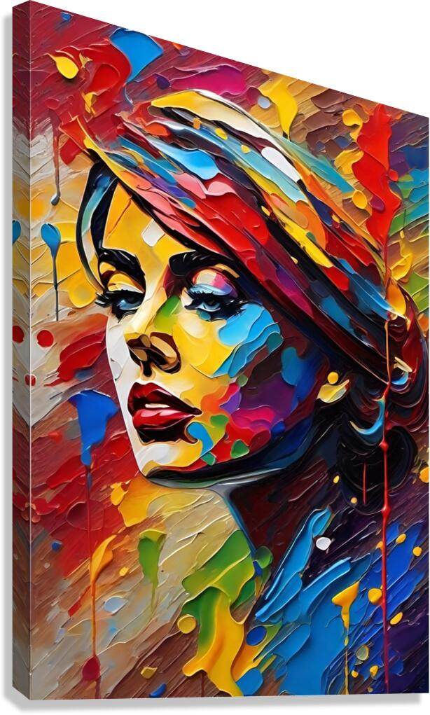 Colorful abstract portrait canvas print of a stylized woman's face with bold paint strokes