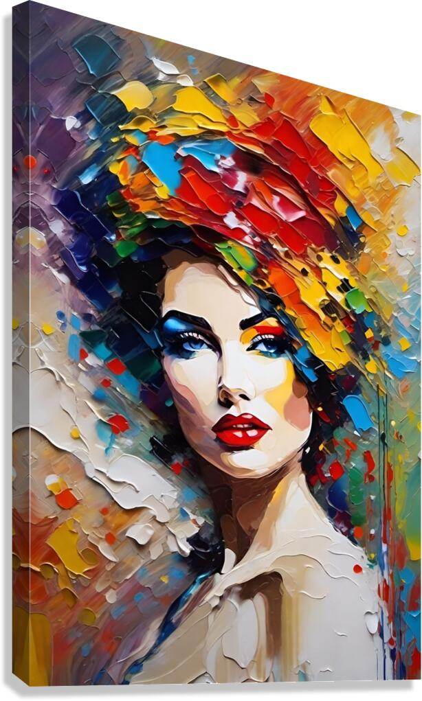 Framed abstract portrait of a woman with colorful paint strokes and red lips