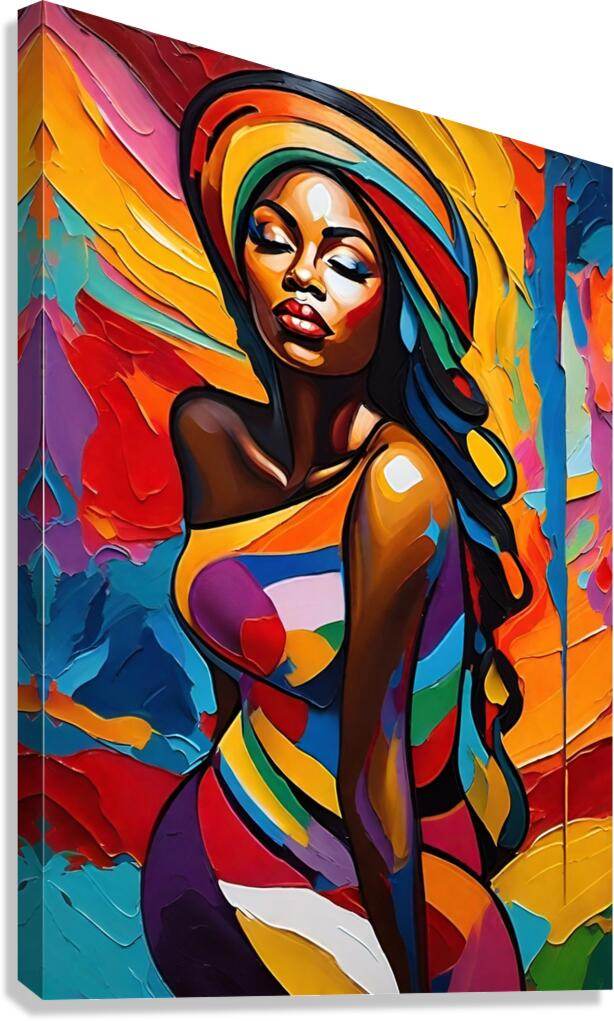 Abstract woman portrait wall art with colorful headscarf and multicolor shapes