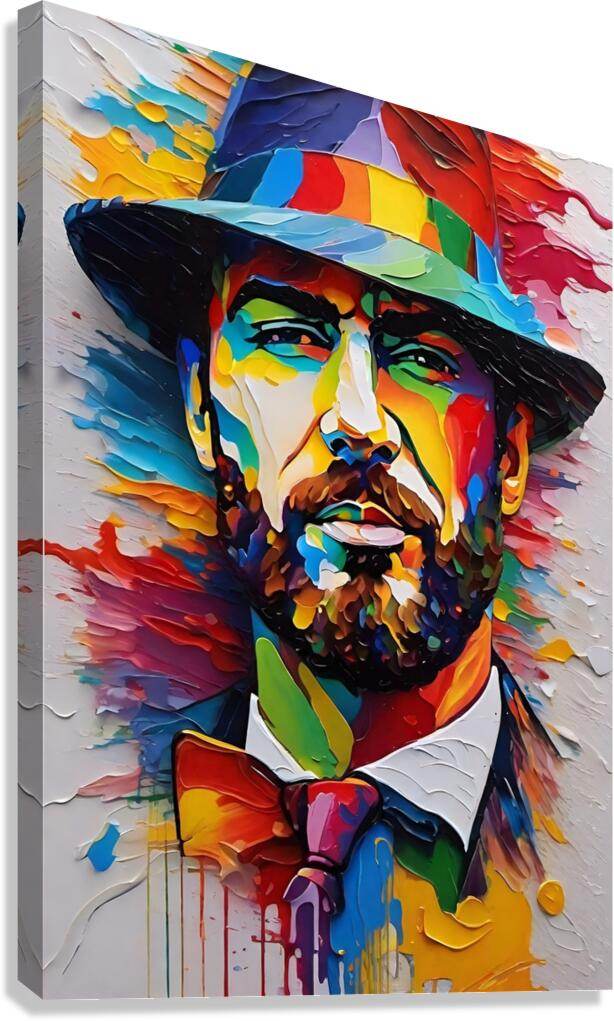 Abstract portrait print of a bearded man wearing a multicolor hat and bow tie.