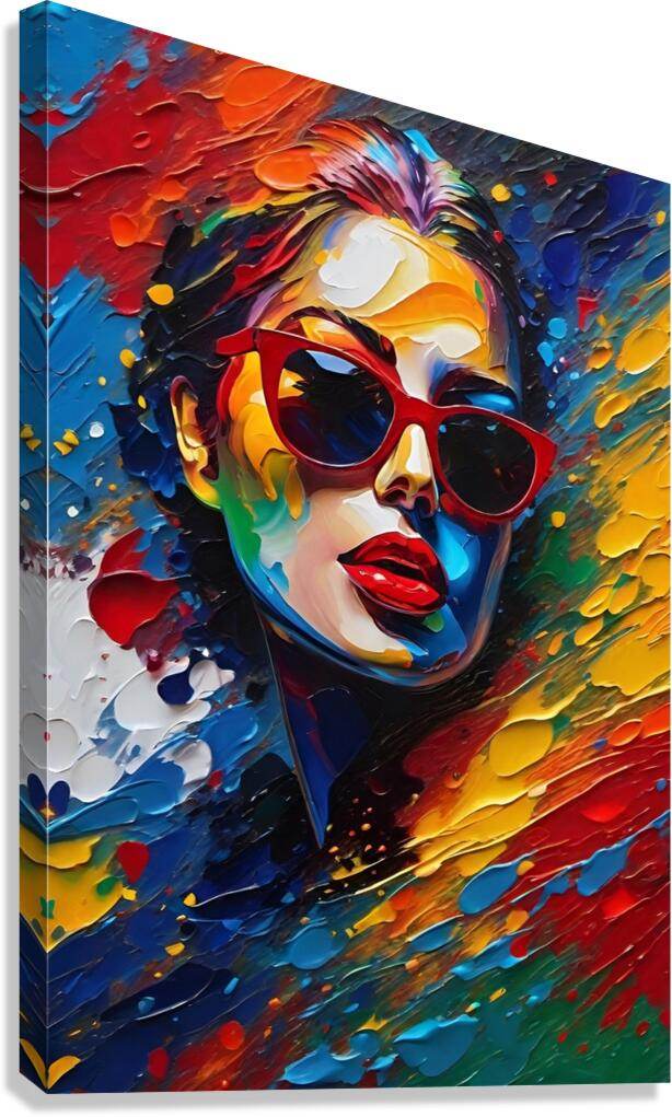 Abstract pop-art portrait artwork of a woman with red sunglasses and colorful paint splatters