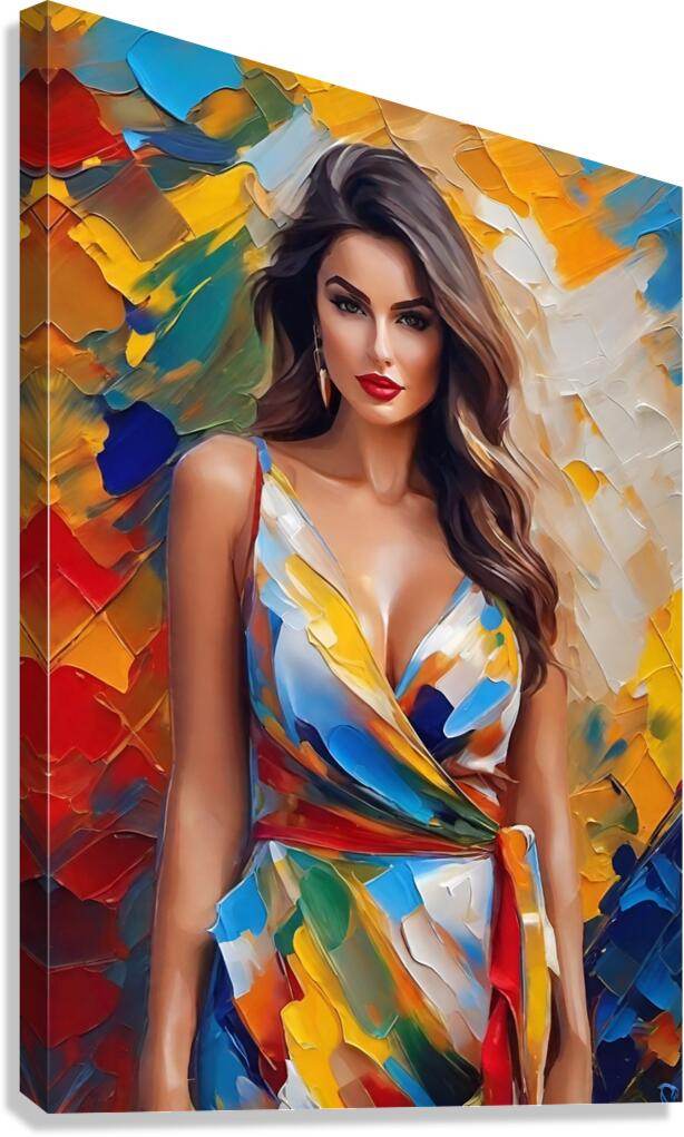 Abstract portrait wall art of a woman with long dark hair, wearing a colorful dress.