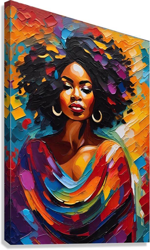 Abstract portrait of a woman with black curly hair and colorful, layered clothing.