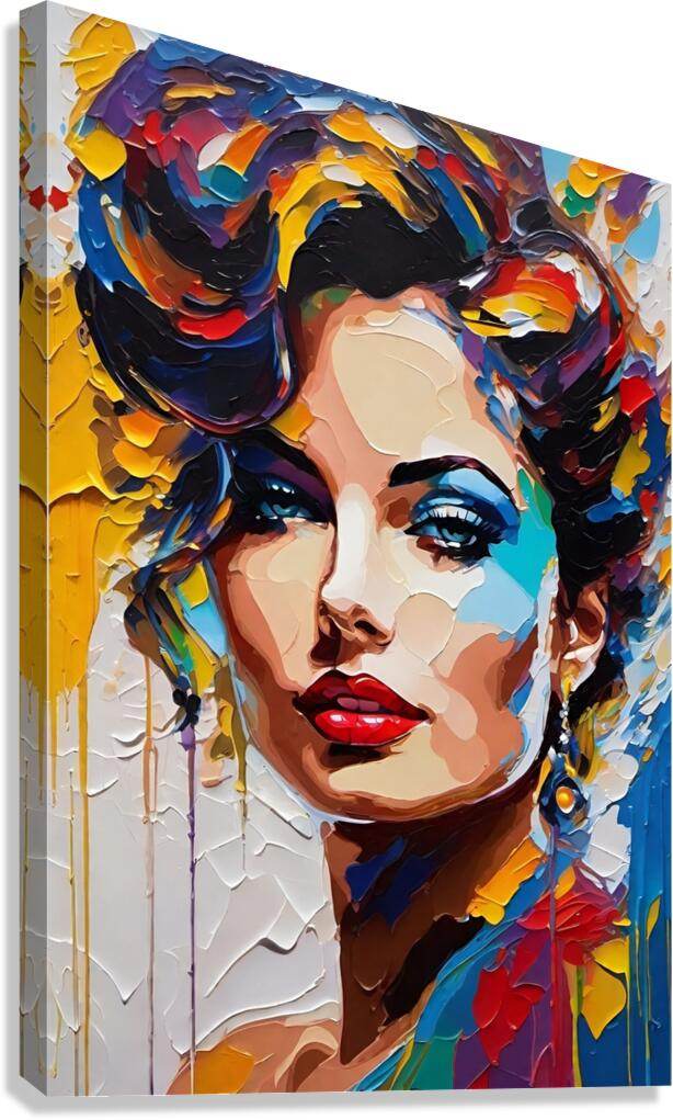 Abstract female portrait canvas print with bold blue, yellow, red impasto texture