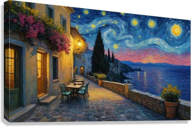 Starry night coastal alley wall art with glowing yellow moons and blue swirling sky