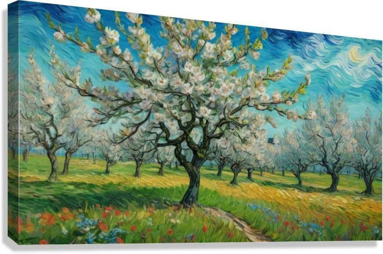 Blooming orchard landscape print on canvas, with twisting tree branches and blue sky.