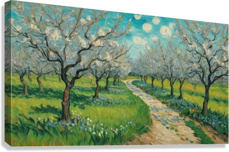 Orchard landscape art print with winding path, blooming trees under a blue sky