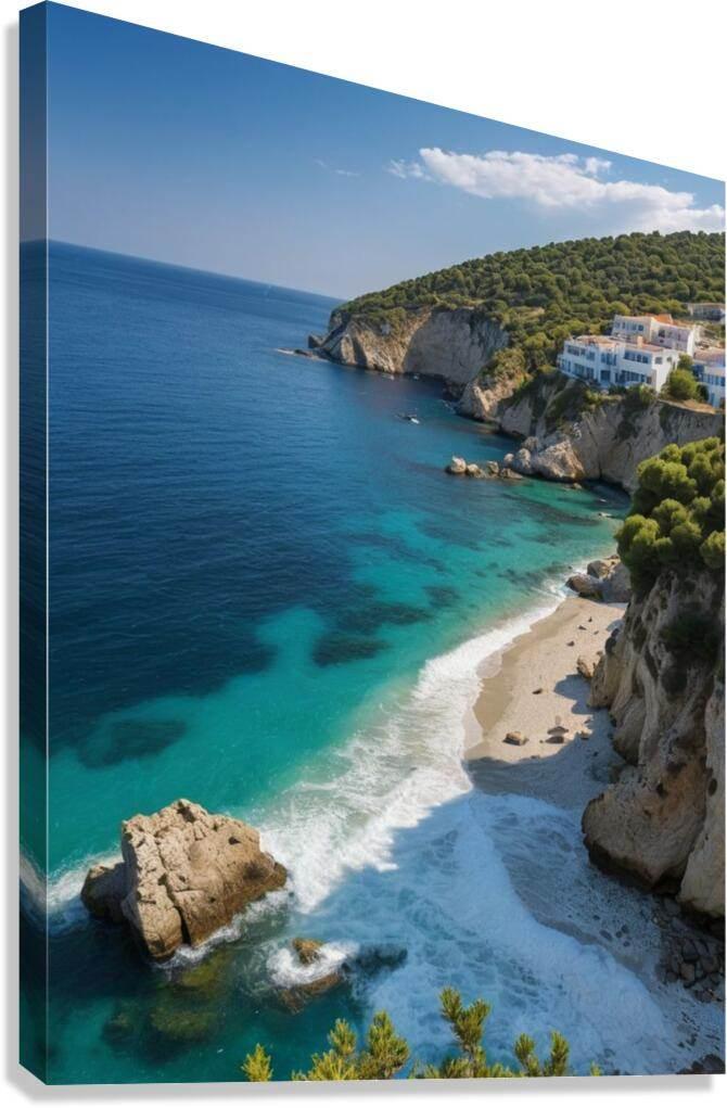 Stretched canvas wall art of turquoise sea and sandy cove with white houses