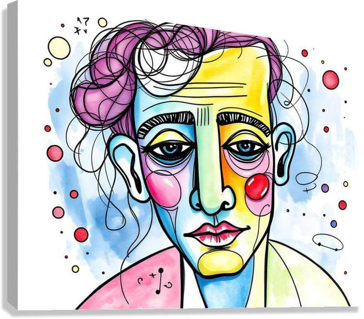 Abstract face portrait painting with curled purple hair, bright makeup, and scattered dots