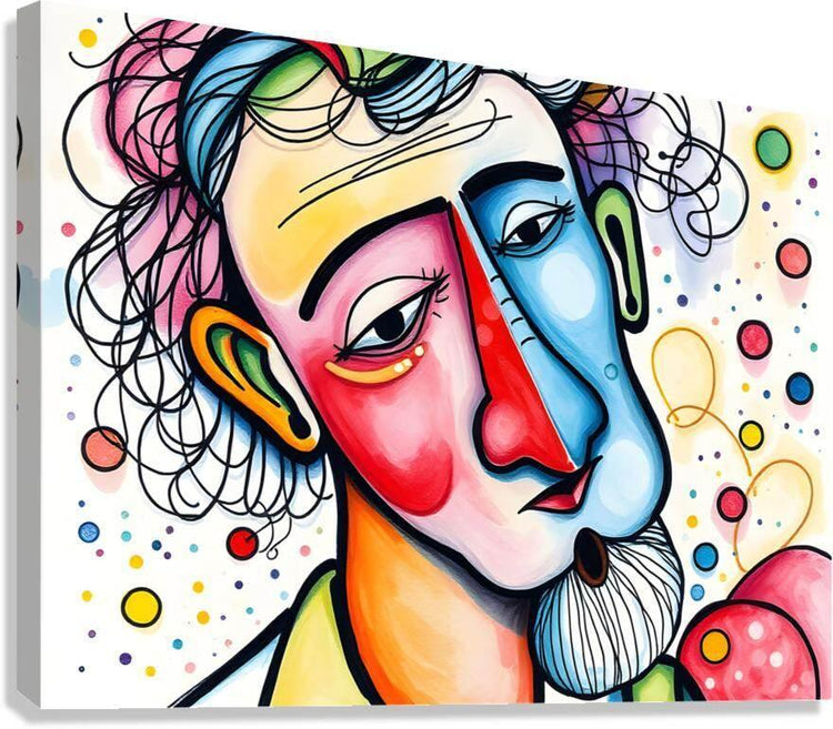 Abstract portrait artwork with two colorful faces, curly hair, and dot confetti on canvas
