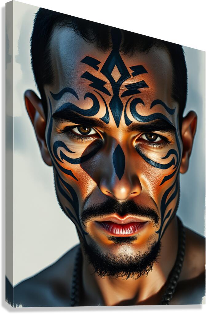 Tribal portrait artwork of a man with blue and orange face paint, close-up view.