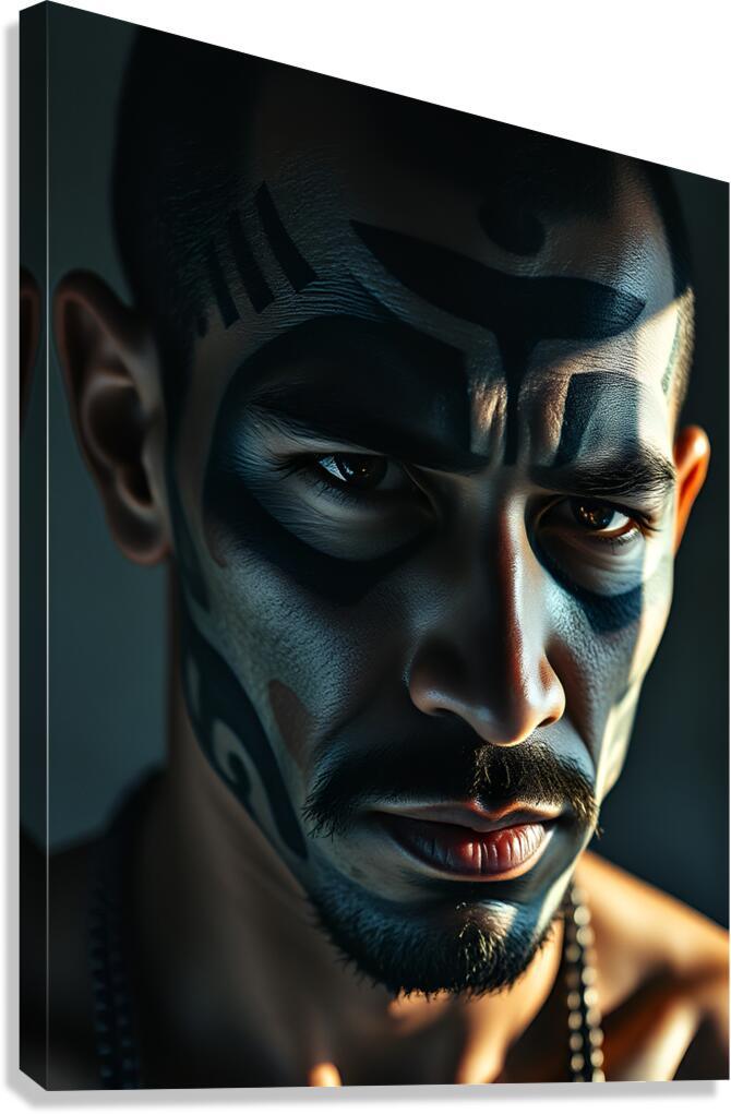 Stretched canvas portrait of a man with blue face paint and tribal markings