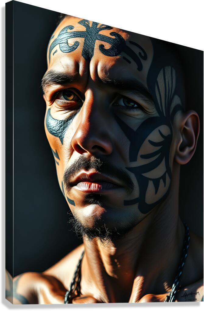 Tribal portrait wall art of a man’s face with blue and dark body paint, close-up