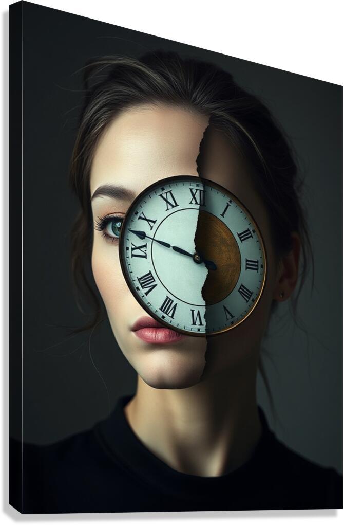 Surreal portrait wall art: woman’s face with large clock covering eyes.
