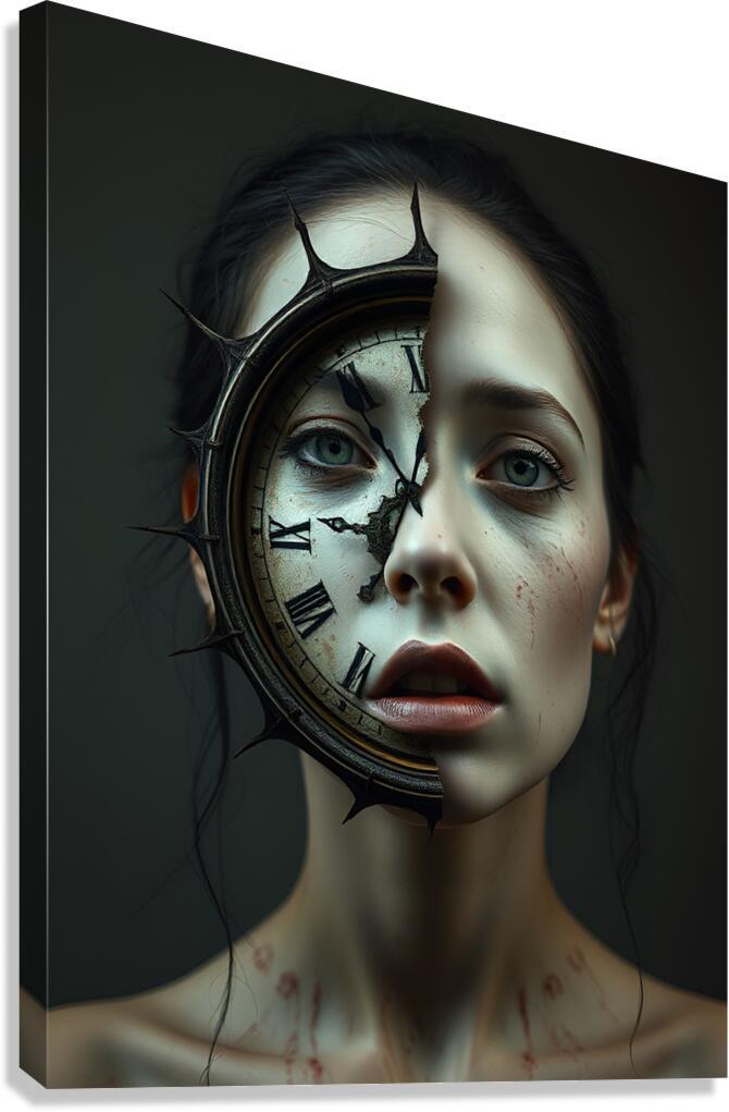 Gothic portrait art print of a woman's face with a clock halo and dark spiked frame.