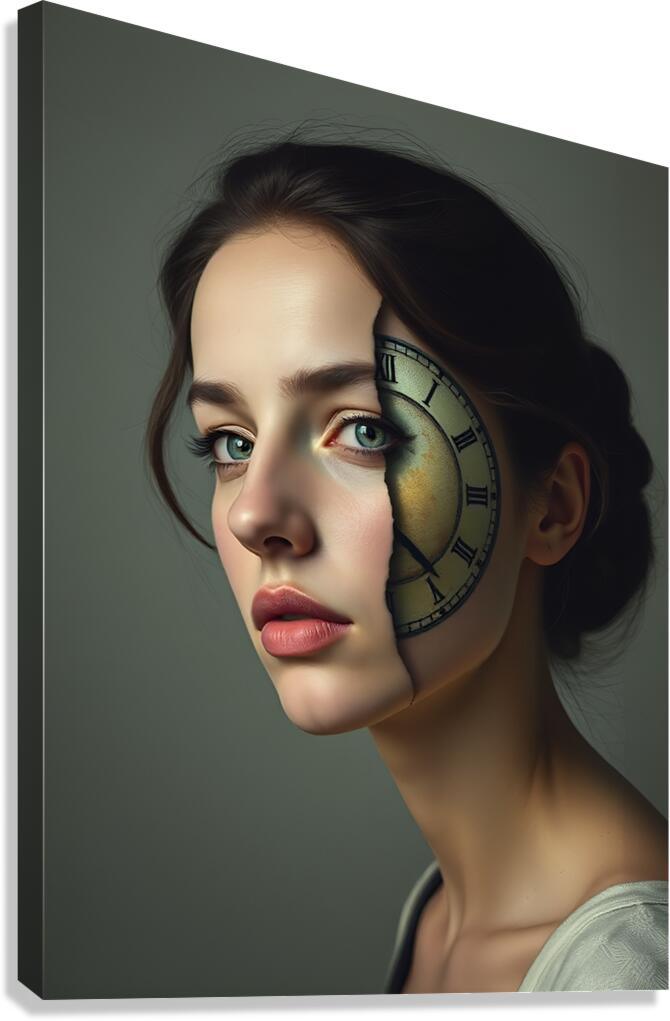 Vintage portrait art print of a woman with a clock face over one eye