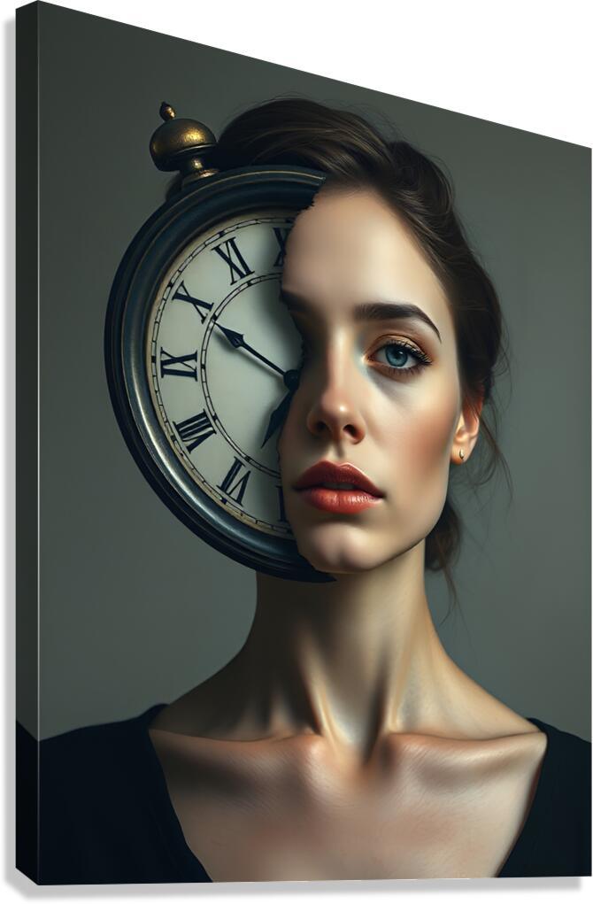Modern portrait artwork of a woman with a black clock overlay on her face