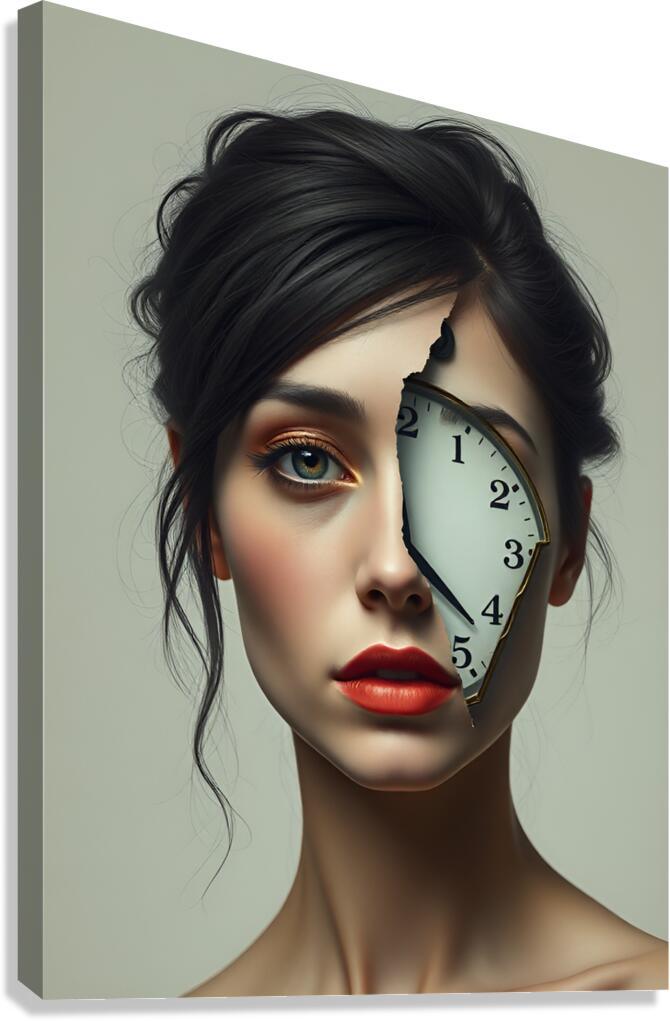 Contemporary portrait wall art of a woman with a clock graphic over her face