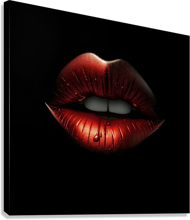 Red metallic lips artwork on black background, glossy highlights and detailed lip lines