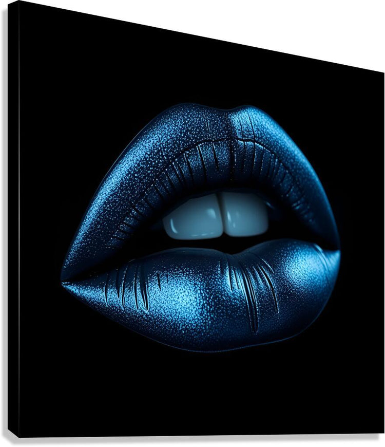Sapphire blue metallic lips artwork with glossy teeth, close-up on dark background