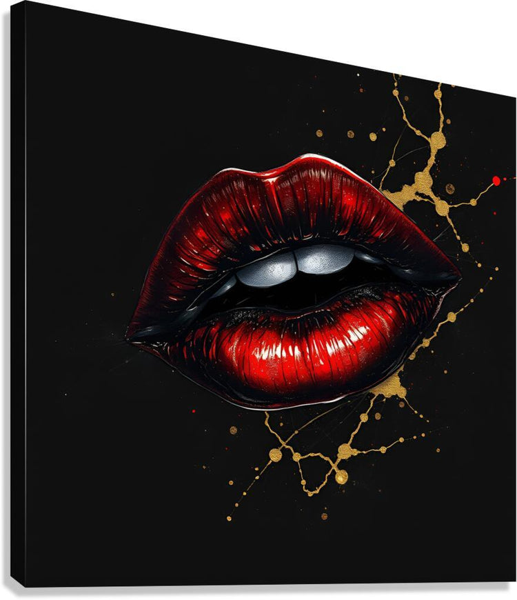 Red and gold lips art on a black canvas, glossy lips with gold splatter details