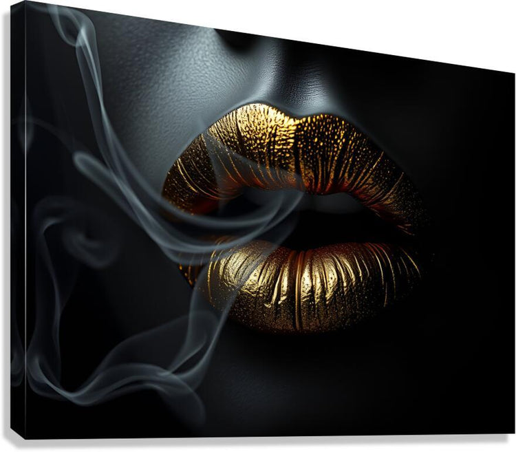 Gold lips artwork with gray smoke swirls on black textured background
