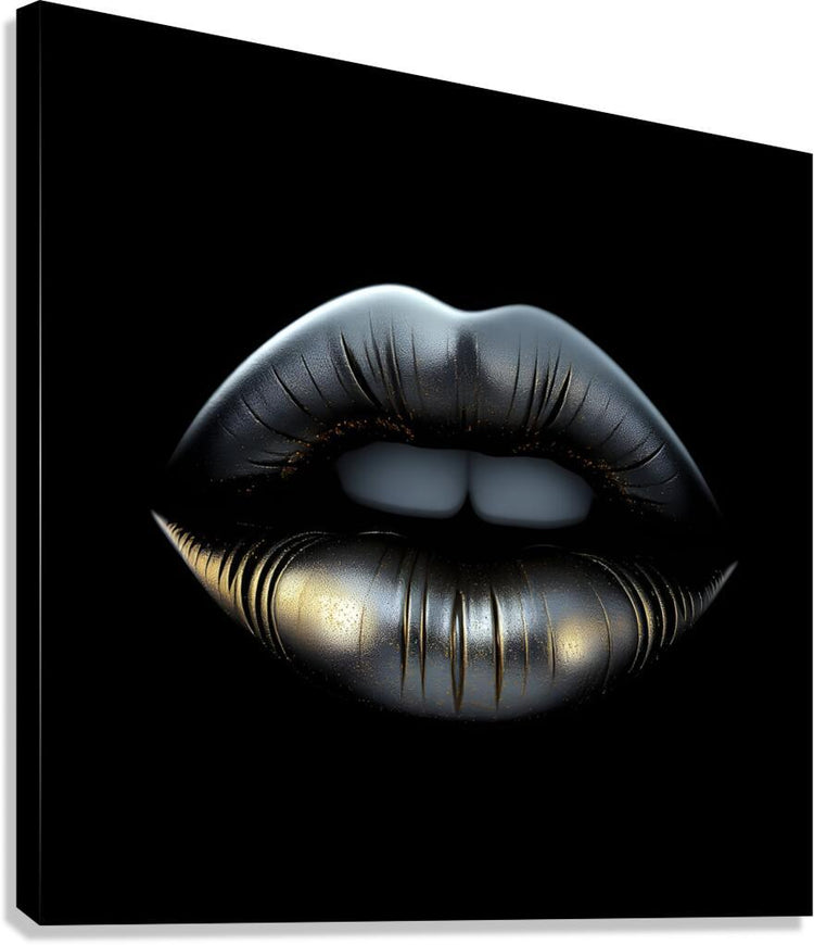 Black and gold metallic lips wall art print on black background