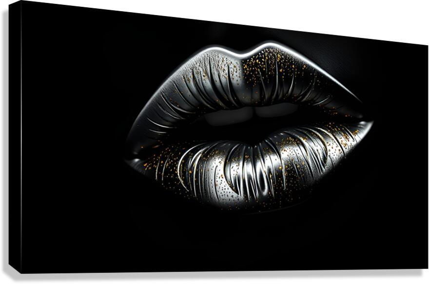 Silver and gold dust lips wall art on black background, close-up canvas
