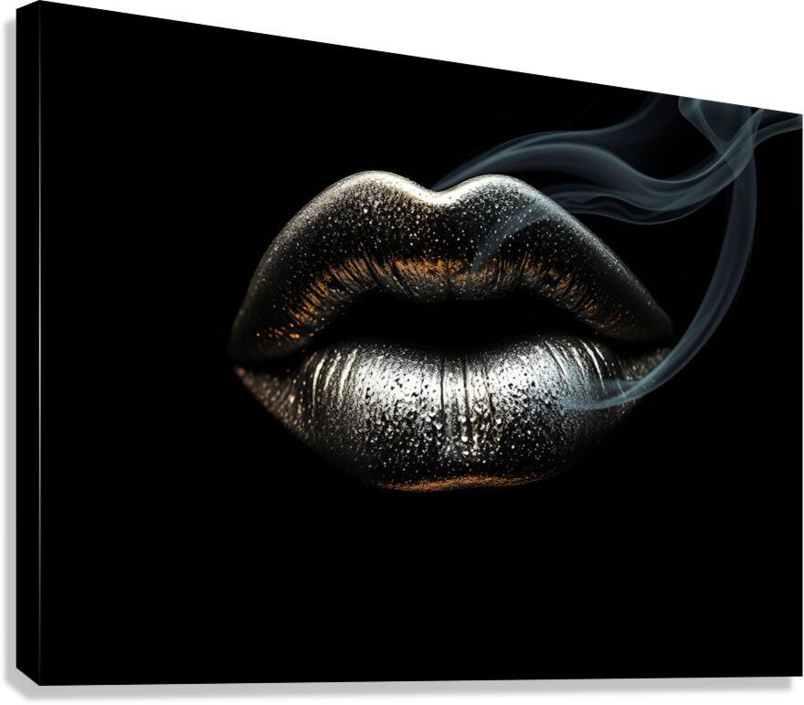 Metallic silver lips art with smoky curl, close-up on dark canvas