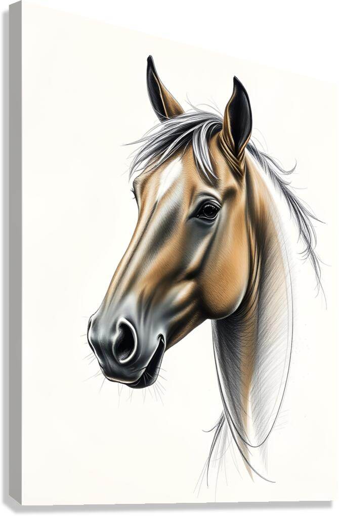 Horse portrait canvas print, tan-and-black head with flowing white mane strands