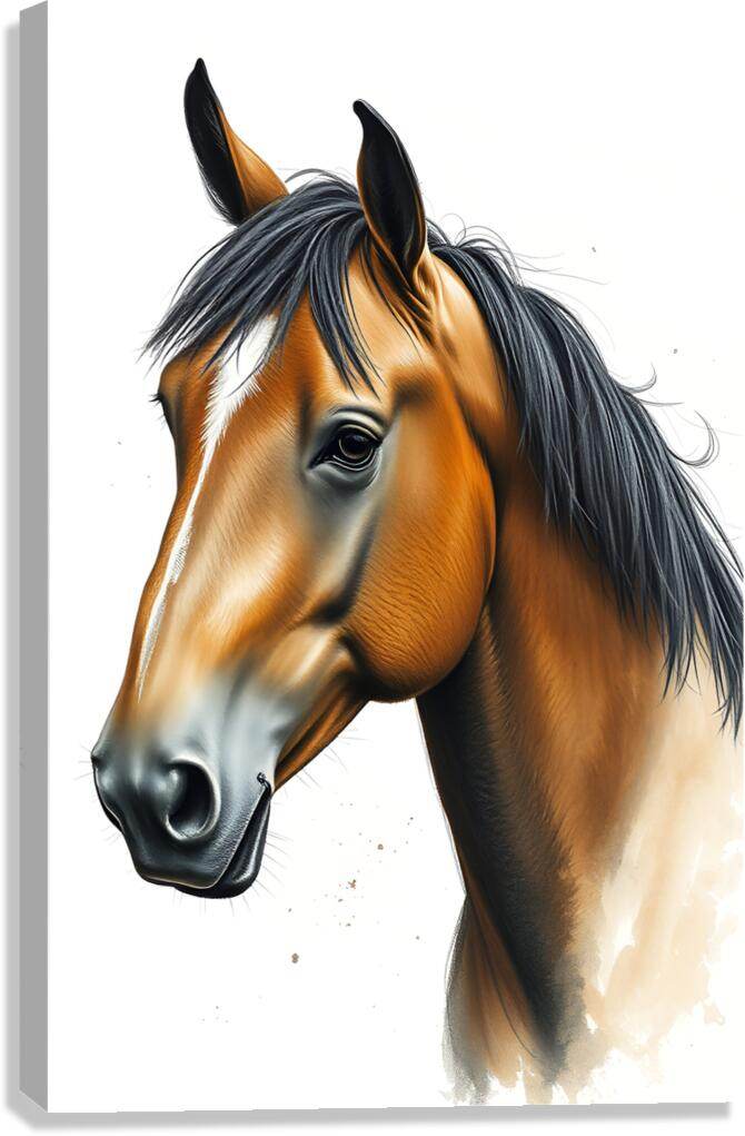 Horse portrait artwork of a chestnut horse with black mane, close side view.