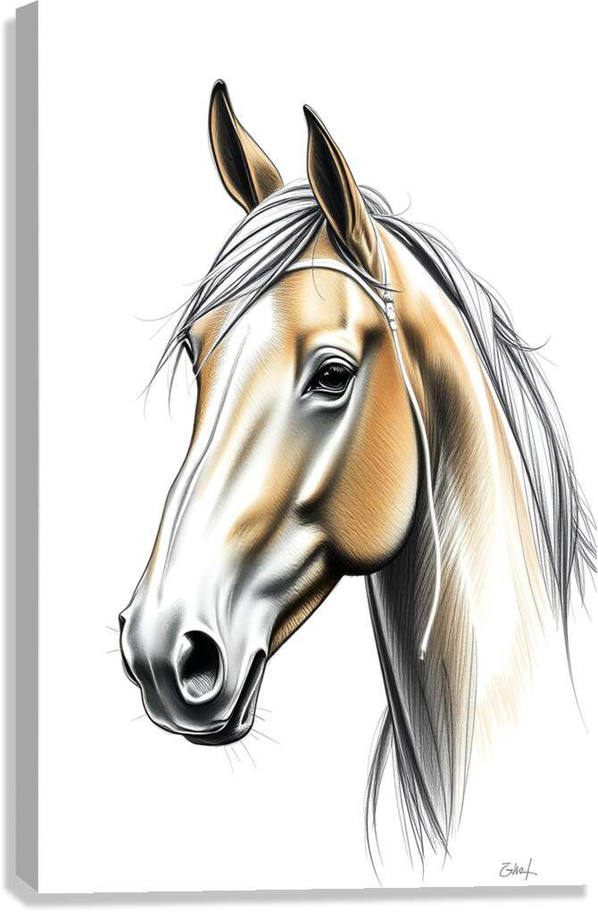 Horse portrait artwork of a golden-and-white horse head with long flowing mane