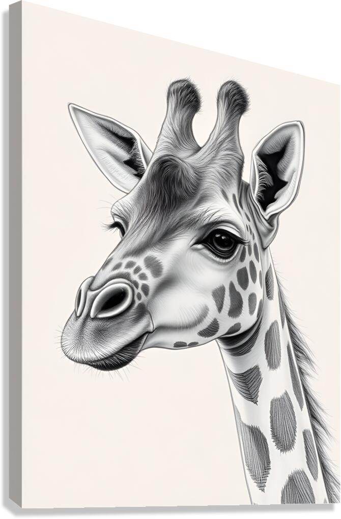 Monochrome giraffe portrait artwork, close-up head and neck with detailed shading