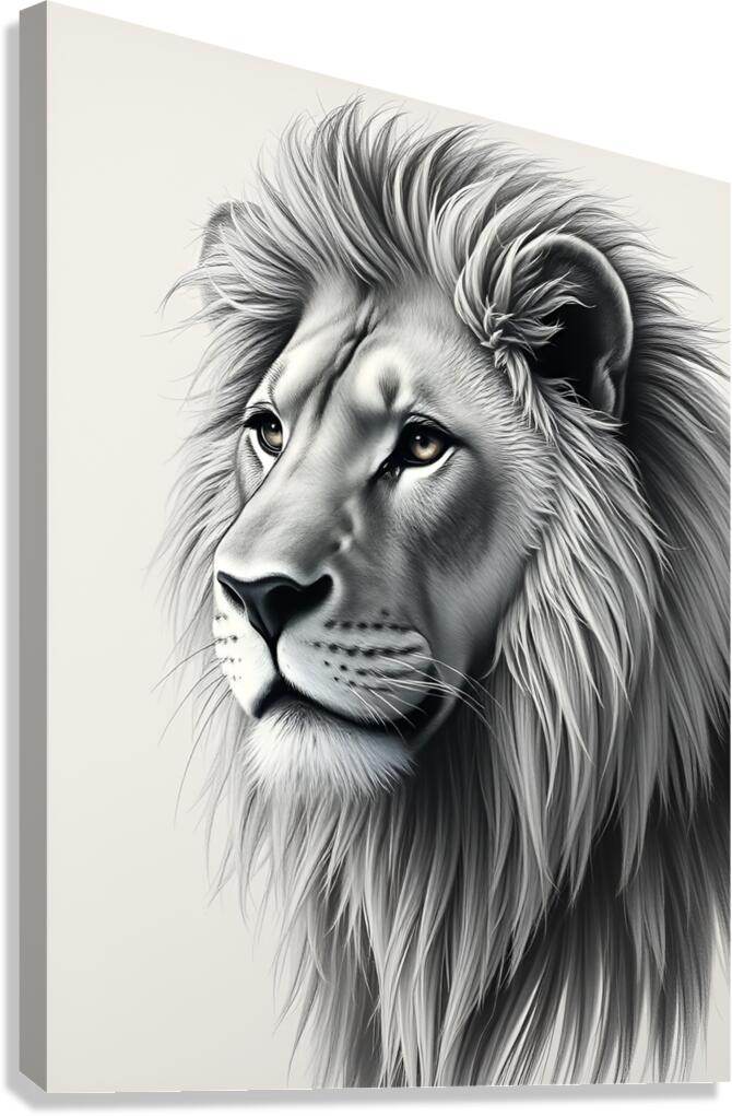 Lion portrait print, black-and-white close-up of lion face and mane